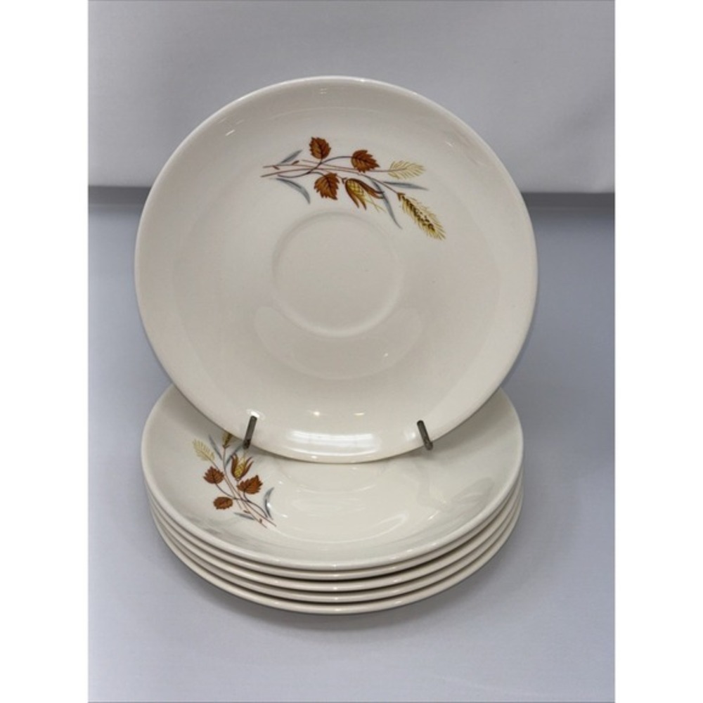 Vintage‎ Autumn Harvest Wheat Leaves Ceramic Saucers Set of 6 Off-White Brown